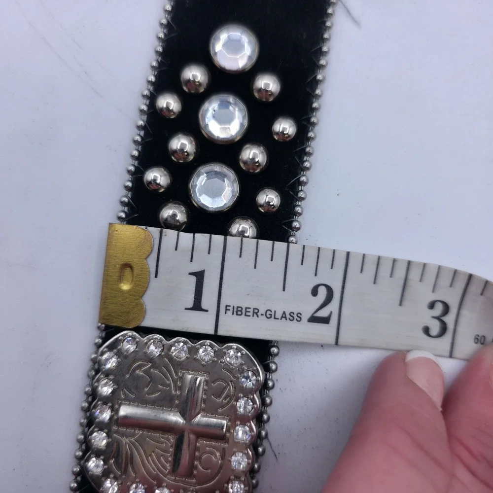 Atlas Western Belt Womens 34 Black Velvet Rhinestone Cross Studded Cowgirl Boho‎
